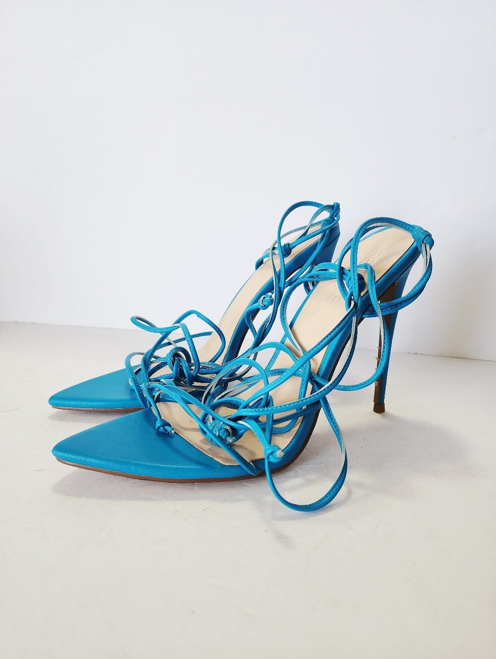 Femme LA Kika Lace Up Blue Strappy Stiletto Sandals with Ankle Wrap Size 42 - Picture 2 of 8